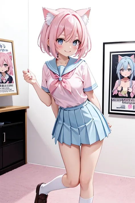 knees to chest, (((pink and light blue))) ((streaked hair)), highlights hair, 1garl,standing, megami magazine, Cat ears、smile、( knockout scene )、 short hair、(Poster style artwork、 school uniform、full body shot
, from front, white background, 