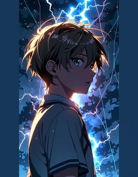 "Anime-style action scene of a teenage boy holding a glowing fantasy card while shadowy monsters with glowing red eyes crawl out of the cracked, dark ground. The monsters resemble eerie shadow beasts with claws. The boy looks panicked, but the card emits g...