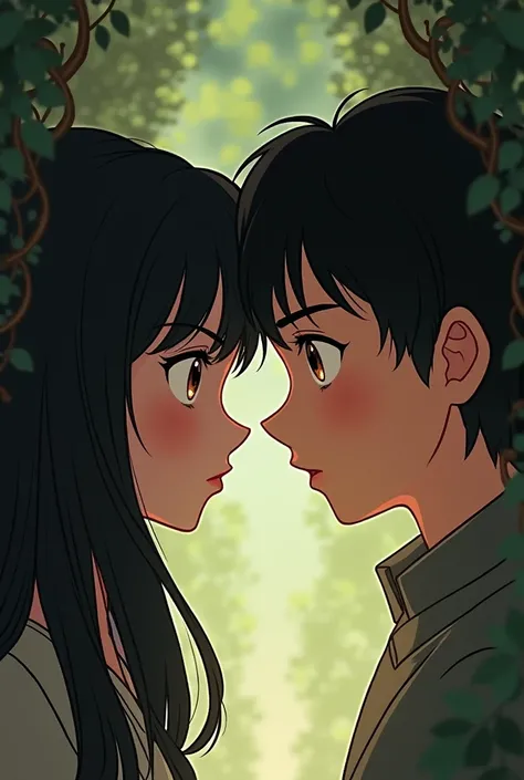  two people a black-haired girl with long hair and a boy with black Chinese hair , reloading head to head , face to face,  looking into the dark brown eyes of both ,  who look like their heads are peeking out and that it looks like the photo is taken from ...