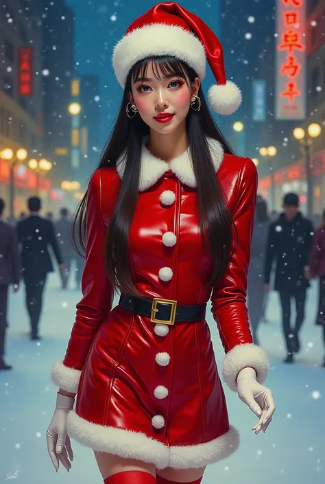 Best quality, detailed VINTAGE ACRYLIC realistic illustration, vivid colors, a beautiful k-pop artist suzy bae, 30 years old, suspicious expression face, smile, blue eyes, long STRAIGHT hair, walking in big iluminated city night SCENARIO, RED AND WHITE lea...