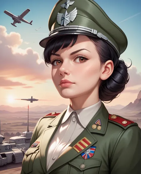 (masterpiece:1.2, best quality), 1lady, Yoru, solo, photorealistic, science fiction film, science fiction, science fiction, war, upper body, small breasts, focus on face, realistic, pastel painting, powerful, intelligent, sensual, detailed eyes (intimidati...