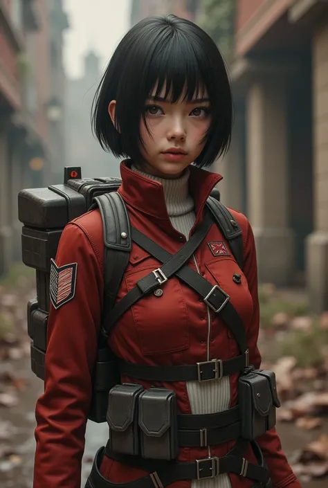  Beautiful girl with short, straight hair, wearing the uniform of the Attack on Titan Reconnaissance Legion along with the maneuvering equipment