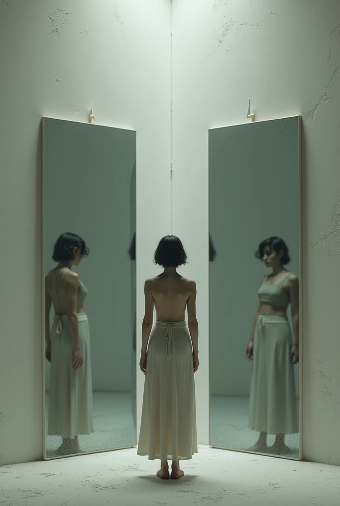 "A contemplative scene of a person standing in front of a mirror, with their reflection shifting subtly between different ages and appearances, symbolizing self-reflection and inner change."

