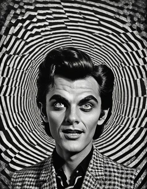 Werewolf, Monochrome, "The Twilight Zone", Hypnotic black and white vintage spiral, queerish, hackneyed, peculiar, strange screen effects. A werewolf that blends into the background, Groovy retro vibes, analog film texture, Vintage Processing, Faded finish...