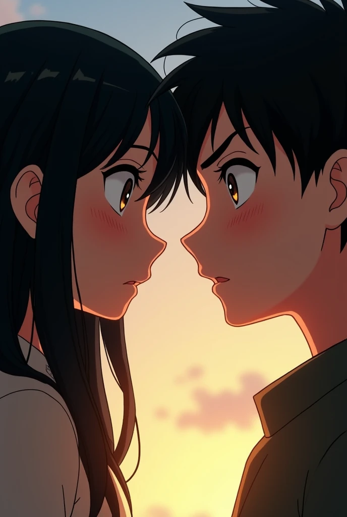  two people a black-haired girl with long hair and a boy with black Chinese hair , reloading head to head , face to face,  looking into the dark brown eyes of both ,  faces make it look like the photo is taken from below their faces style, Let the angle be...