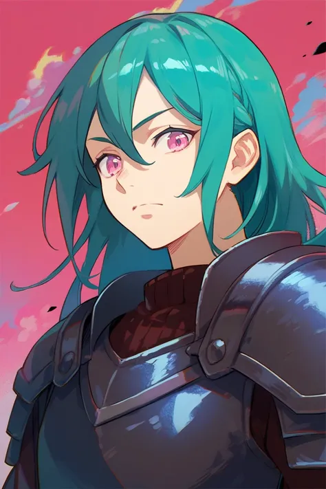 A green-haired woman,  pink eyes , Dark metal armor, medieval, 2D anime art style, impressionism