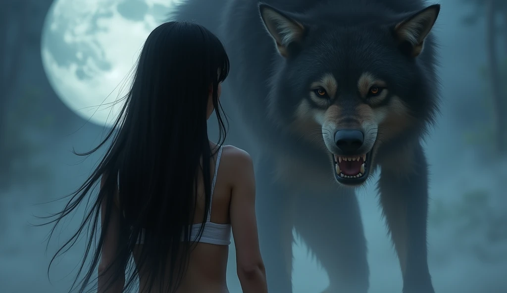 (RAW photo, real photo, high quality, masterpiece), (( werewolf:1.8, the scene of woman is transforming to werewolf under a moon) , thick steam gas emitted by werewolf), A young Japanese woman with smooth, porcelain skin and long, silky black hair cascadin...