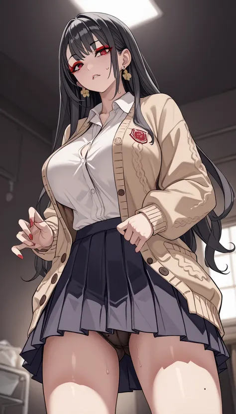  Female High School Student Who Came to Clean a Dirty Dirty Room、 Trash Scattered in the Dark Room 、 angle from below、 super low angle、 Big Breasts 、 flashy earrings and  black long hair、 cool face 、Neat Kogal 、 Female High School Student b cardigan style ...