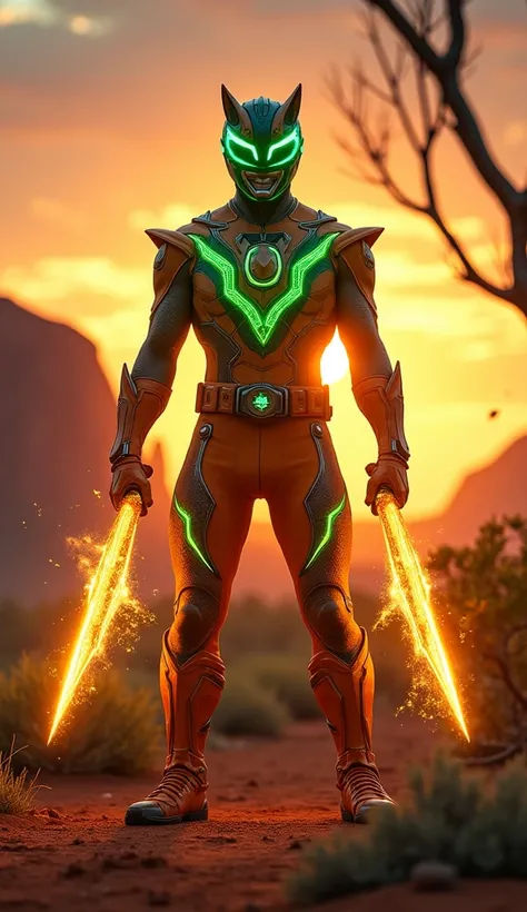 "A Power Ranger embodying the rugged, untamed energy of Australia, wearing a suit in earthy orange and green with glowing, jagged patterns resembling cracked rock and desert landscapes. The helmet has a sleek design inspired by a kangaroo’s silhouette, wit...