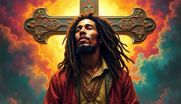 Reggae legend jesus Bob Marley and cross in a vibrant and artwork. With Text "GOSPEL REGGAE" 