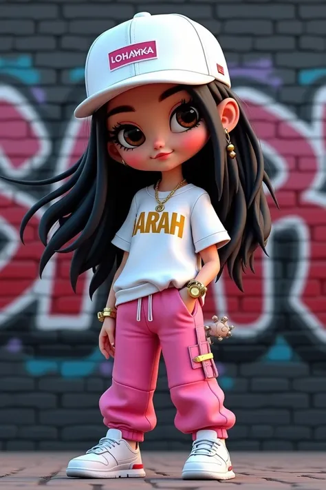 A captivating 3D digital illustration merges the worlds of fashion and gaming, creating a mesmerizing blend of style and technology. The scene features a charming chibi female character confidently standing in front of a graffiti-covered black brick wall d...