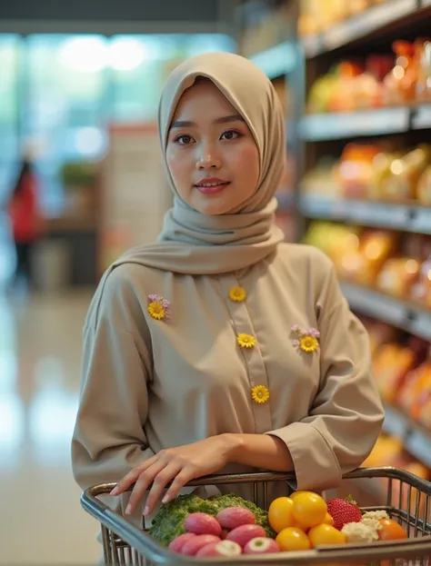 Phototography of a beautiful Asian woman in hijab and beige jumpsuit with small flowers ,  holding a grocery cart full of snacks background food and drink shelves in the mall