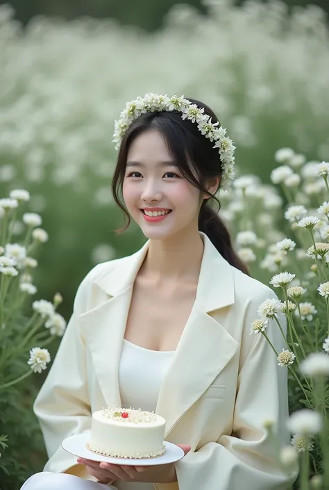 Photo of beautiful smiling Korean woman sitting sweetly under a small white flower garden wearing a white dress and a white coat wearing something in the head made of tiny little white flowers while holding an anniversary cake 