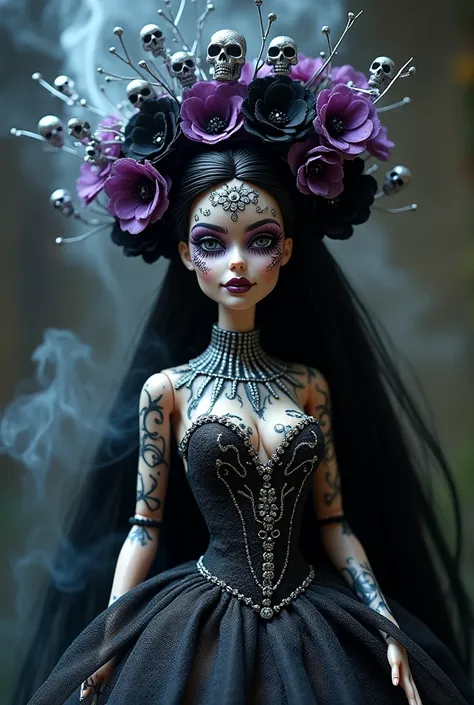     Front art photograph of a Barbie Catrina on the Day of the Dead     , unusual pose, She wore a lot of silver    . ,     magic smoke emanates from her body     , ethereal, (( organic symbiosis )) of jewels all over her body    ,     arrangement of cempa...