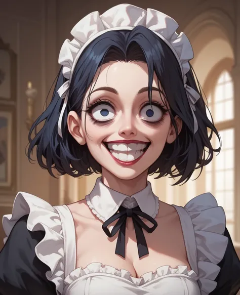 masterpiece, best quality, crazy woman, empty eyes, utsurome, maid, smile