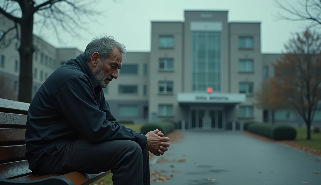 A SAD MAN SITTING OUTSIDE A HOSPITAL