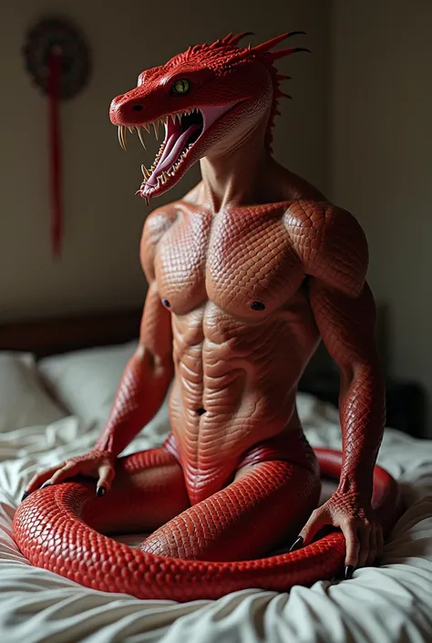 Cam is actually a red cobra Naga (male 29 years old human waist up red snaketail below with a cobra hood head and claws snake fangs and forked tongue) half snake merman in bed