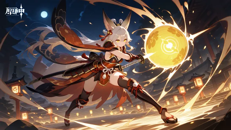 there is a woman in a red dress holding a white and yellow object, concept art inspired by Pu Hua, pixiv contest winner, dada,  kitsune inspired armor, in monster hunter armor, katana zero video game character, <mmorpgs scene, onmyoji, sfw version, jrpg ch...