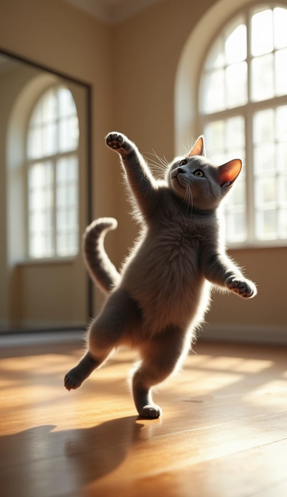 Scene 1: "Create an image of a gray cat performing ballet in a bright, elegant dance studio with wooden floors and a mirror. The cat is on its hind legs, stretching one paw upward in a graceful pose."

