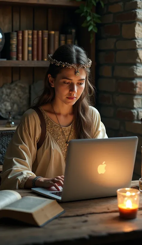 a medieval woman alchemist working at a macbook, smooth light, intricate