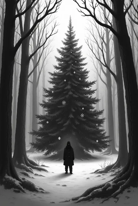 Make a picture of  standing in front of the christmas tree in the middle of the wood make picture black and white 