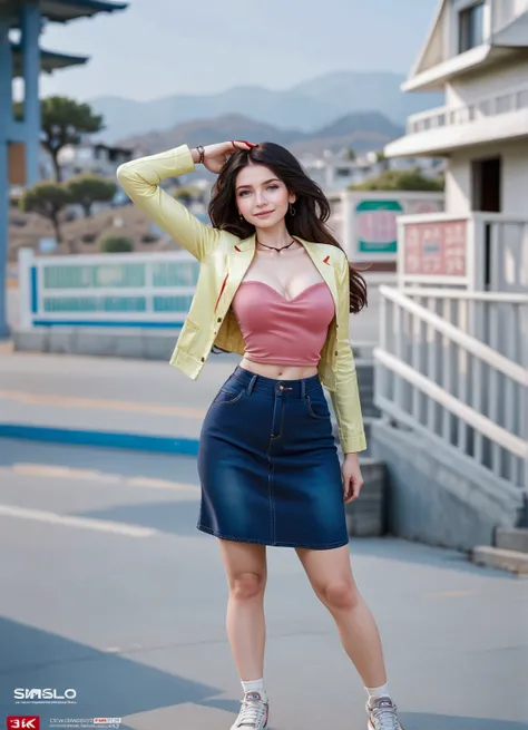 pretty fashion model, standing posed, rural town, nice atmosphere, (+forehead, black shoulder-length hair), wears cream-yellow long sleeves cardigan (+tied around waist), pink and white deep neck undershirt, dark-blue denim pencil skirt, white socks, white...