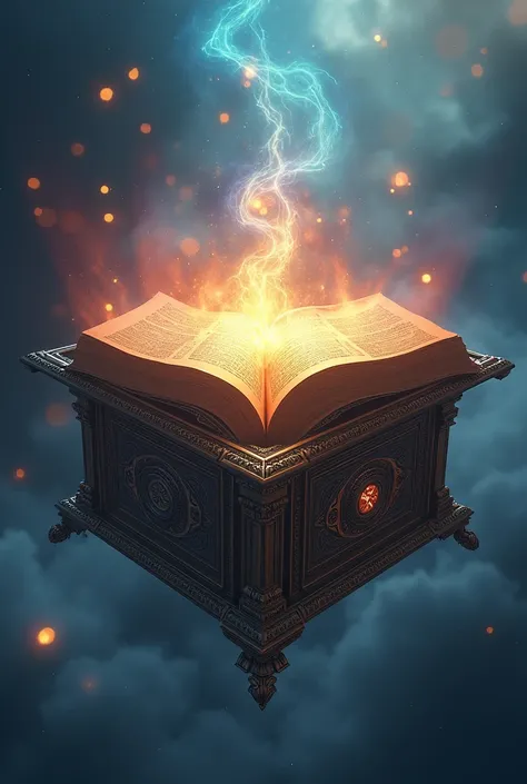 An open heavenly shaped box with a book with colored rays and fire inside written wisdom on it  