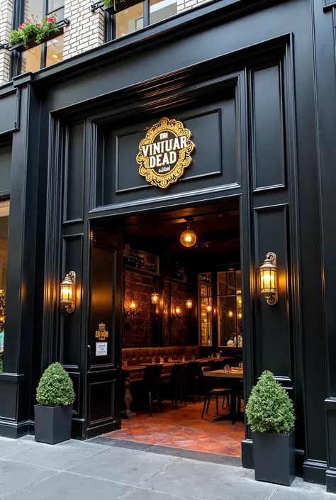 I want the façade of an elegant restaurant with black details with touches of the Day of the Dead and that at the entrance there is a place to put a logo
