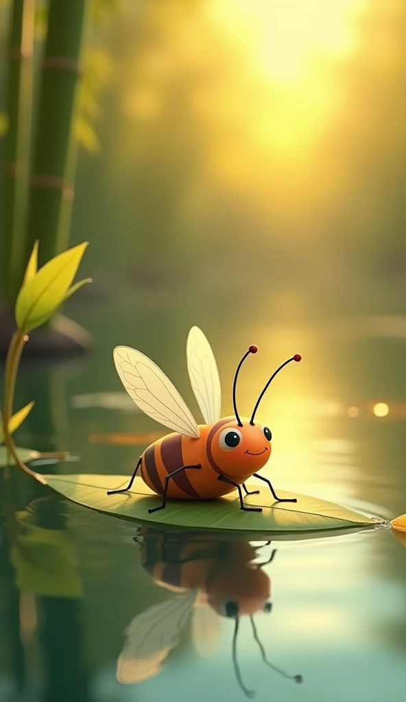 A cute mosquito drawn in cartoon format, is sitting on a small bamboo leaf by the lake. The warm light pressed against the butterfly, and on the butterflys back there was a bit of golden light