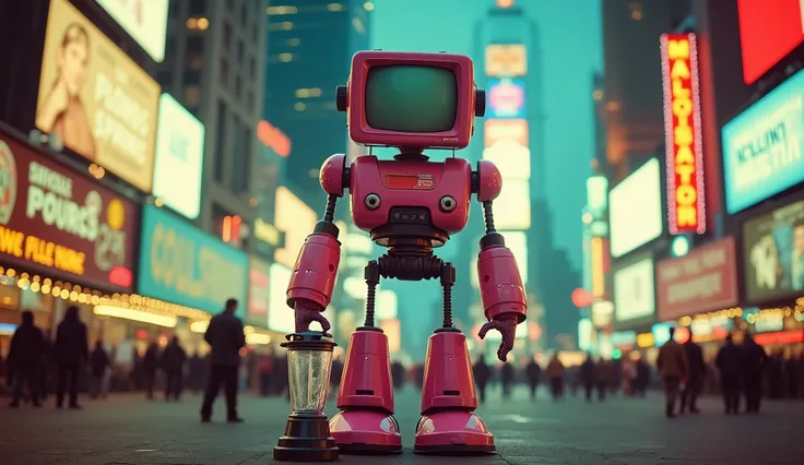  Robot in the middle of Times Square Avenue , New York in 1950 , Pelicula Panavision ,  Robot consists of a television  (head)  and two sturdy mechanical legs , design de 1959,  he is in with a blender with two mechanical legs. pink