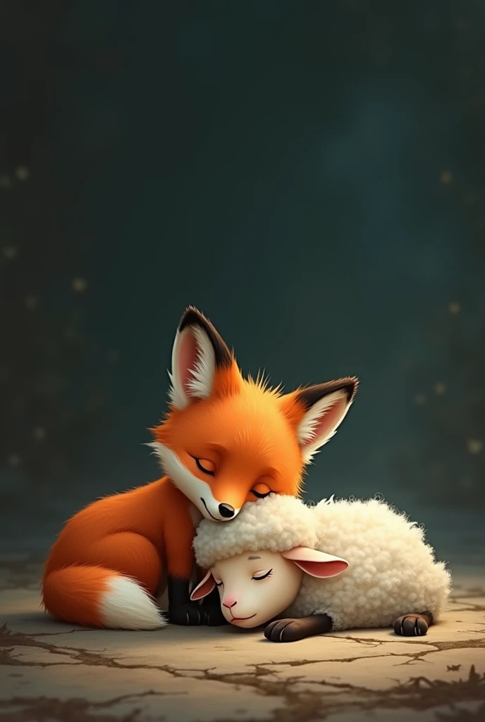 Baby fox sheep on ground, looks sad, dark, illustration, disney pixar cartoon
