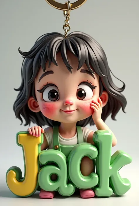 3D caricature of a girl, key chain. High-quality realistic photo, and there is the name "JACK" in 3D letter style, embossed and realistic, in green yellow, indium white and black, 