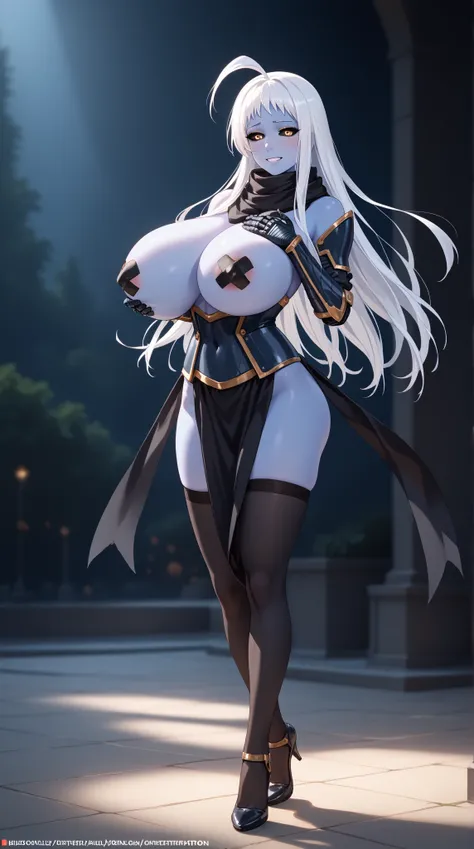 ((((1girl, full body)))), (((covering breast, pasties))), ((class, sexy pose)), jelolala, large breasts, (colored skin, blue skin), colored sclera, black sclera, yellow eyes, white hair, ahoge, long hair, black scarf, gauntlets, black gloves, black thighhi...