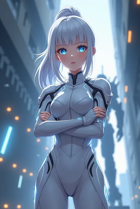 "An anime-style depiction of a 16-year-old girl with snow-white hair tied in a high ponytail, ,  with soft strands framing her face. Her large, sapphire-blue eyes are intense and luminous, radiating confidence and determination. She wears a futuristic mech...