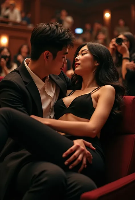 Korean woman in bra and leggings and heels asleep mesmerized in a theater at a show in the arms of a man with people around taking pictures and laughing