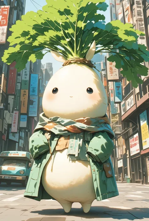  living daikon , A human-shaped radish,  anthropomorphic daikon , cute daikon,  Street with many banks ,  Street with camper van ,  Camper van ,  Werewolf posters on a building,  Sax blue illustration ,  A cute girl with animal ears 、With daikon、 Looking d...