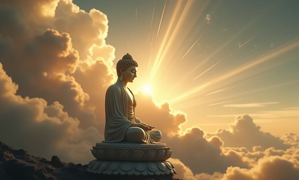 "A serene Buddha statue sitting on a lotus platform, surrounded by golden clouds, radiant light beams, ethereal atmosphere, cinematic lighting, highly detailed, 8k resolution,fantasy art, dreamlike, realistic rendering, intricate carvings, religious art st...