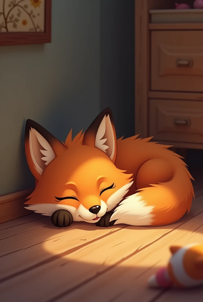 Baby fox sleeps on the floor in the room in a dark corner, illustration, disney pixar cartoon
