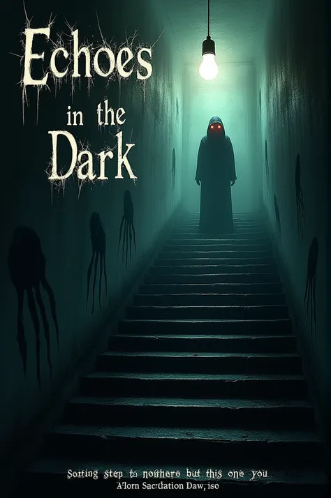 A long, spiraling staircase fades into complete darkness, with faint, claw-like handprints smearing the walls.
A shadowy figure barely visible at the top, its glowing red eyes piercing through the black.
A single, flickering light bulb dangles precariously...