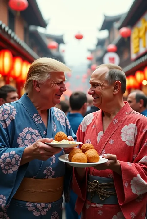 Trump and Putin wear yukata、 Photorealistic、 Japanese festivals、See food stalls 、Eat takoyaki together、 smiles