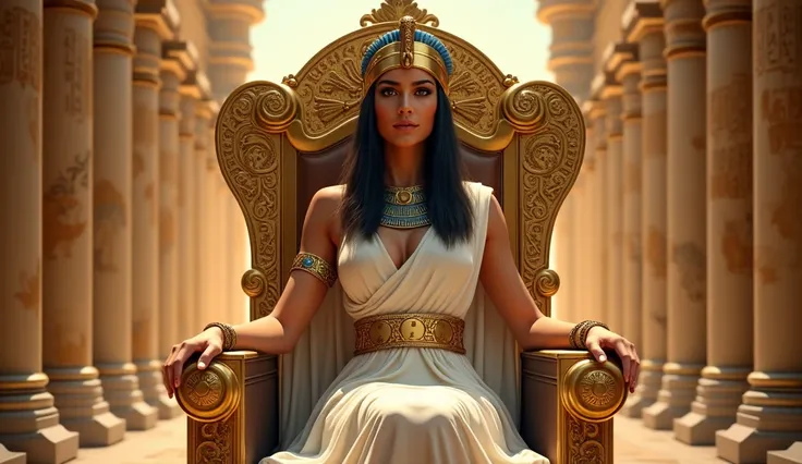 A regal and detailed depiction of Cleopatra VII Philopator, the last Pharaoh of Egypt, seated on a magnificent golden throne adorned with intricate hieroglyphic carvings. She wears a flowing white linen dress, elegantly draped, with a golden belt cinching ...