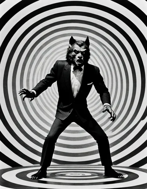 Werewolf, Whole body, Intimidate. Monochrome, "The Twilight Zone", vintage hypnotic spiral, optical art, queerish, peculiar, strange. Groovy retro vibes, analog film texture, Vintage Processing, Faded finish, Scan Line, pulp fiction, Mayonaka TV, by Frank ...