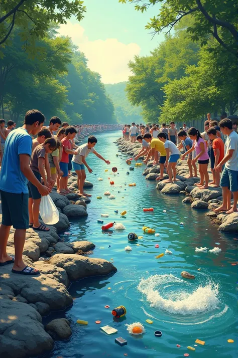 Generate poster people throwing rubbish in river