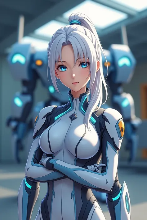 "An anime-style depiction of a 16-year-old girl with snow-white hair tied in a high ponytail, with soft strands framing her face. Her large, sapphire-blue eyes are intense and luminous, radiating confidence and determination. She wears a futuristic mecha p...