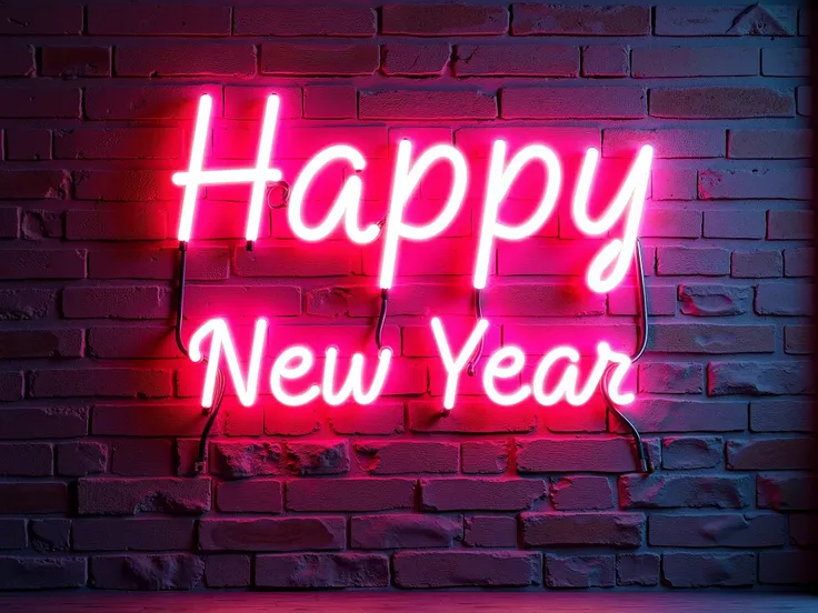 "Happy New Year" in a neon sign style with glowing multicolored lights on a brick wall.
