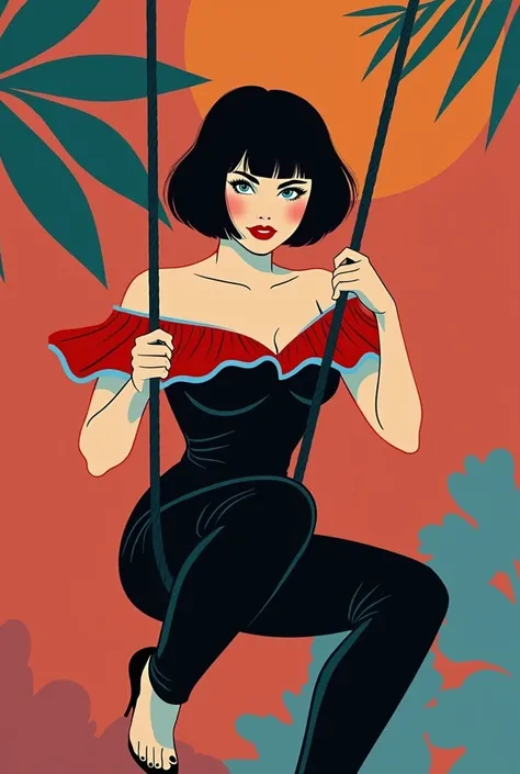 1girl, solo, minimalist, flat color, A Female with bob black haircut with blue eyes and Red lips, bare shoulders, wearing a stylish black jumpsuit. The jumpsuit features a red off-the-shoulder ruffle at the top, which is accented with blue trim along its e...