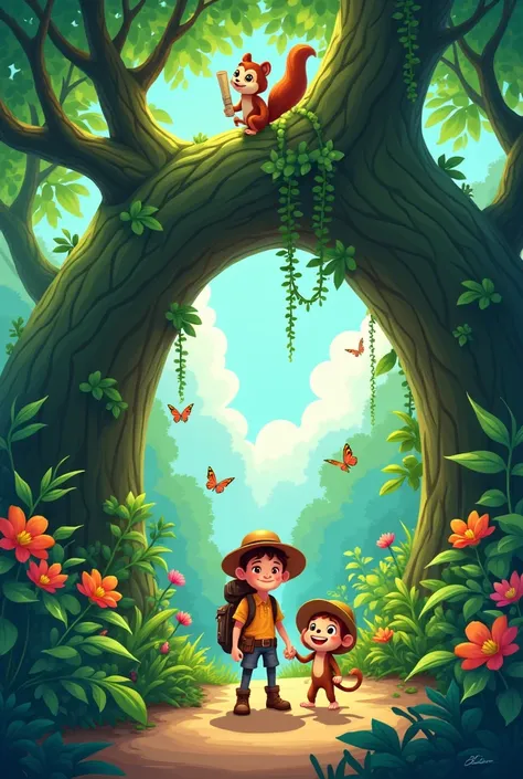 "Create an image of a jungle entrance with lush green trees, colorful flowers, and a dirt path leading into the forest. A cheerful  named Alex is standing near the path, wearing an explorers hat and backpack, with a friendly monkey, Zippy, hanging from a v...