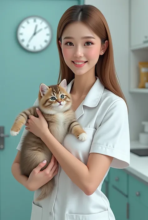 1woman, woman inspired nurse, Generate an image of a kindness woman with light brown hazel hair with straight sleek long hair, as a vet, standing, white nurse outfit, pet hospital, holding an Persian kitten, nurse, beautiful, sexy, pleasant 