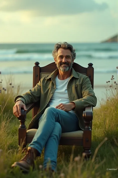 A man sitting in grassland on ancient chair with smile face beside a beach. Write the quotation said that " you know it, why I explain it for you" and at the bottom of the image the quotation which said "me author of life". Netflix cinematic image