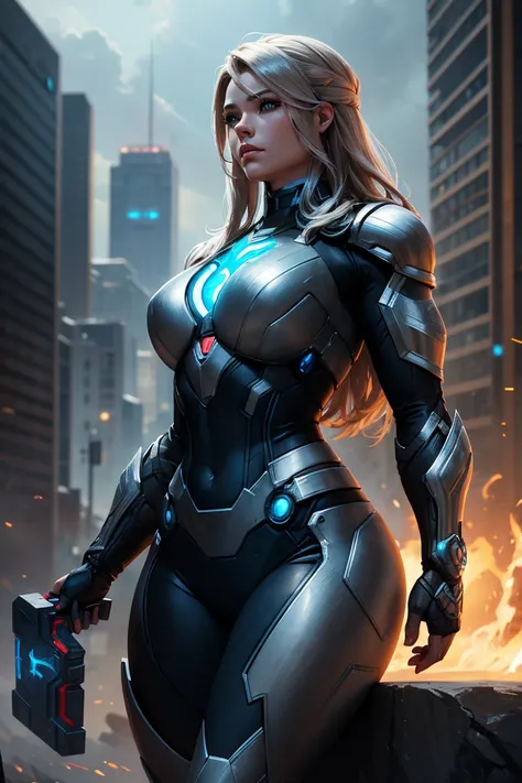 A character that is a curvy female combination of Ironman and Thor, cobalt and gunmetal armor, digital painting, trending on ArtStation, extremely detailed, ultra high resolution, 8k